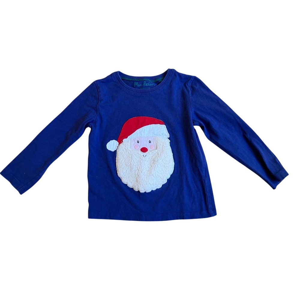 Mini Boden‎ Blue Long Sleeve Santa Face Applique Christmas Shirt Kids Size 4Y